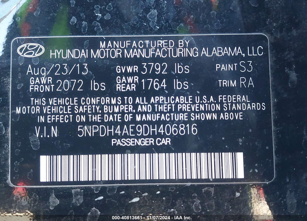 2013 HYUNDAI ELANTRA LIMITED VIN: 5NPDH4AE9DH406816