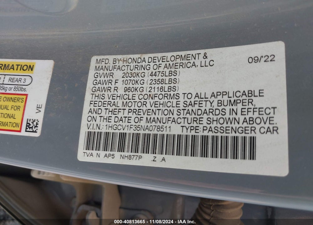2022 HONDA ACCORD SPORT VIN: 1HGCV1F35NA078511