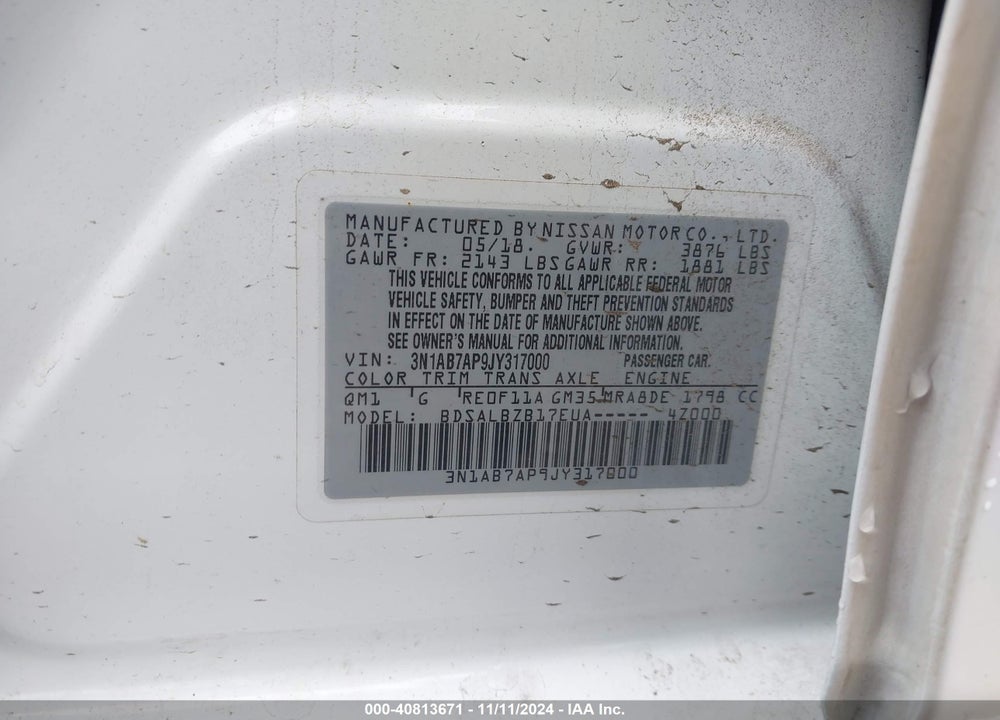 2018 NISSAN SENTRA S VIN: 3N1AB7AP9JY317000