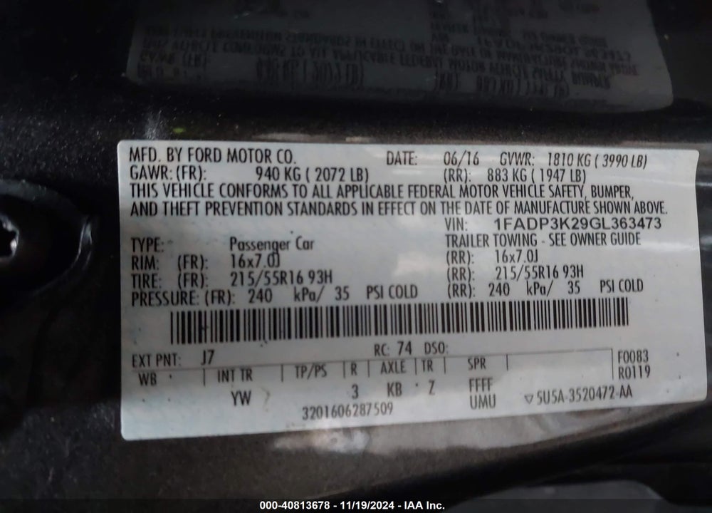 2016 FORD FOCUS SE VIN: 1FADP3K29GL363473