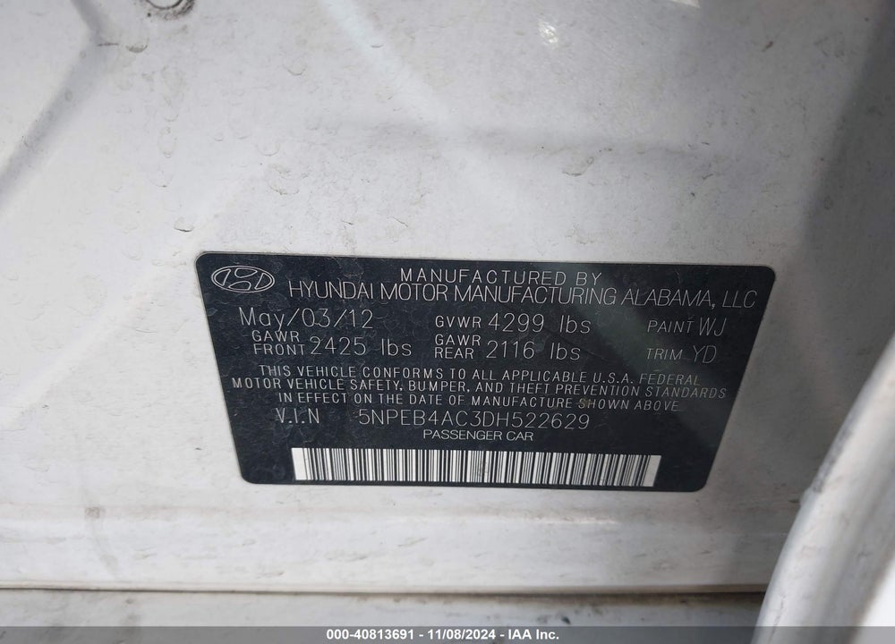 2013 HYUNDAI SONATA GLS VIN: 5NPEB4AC3DH522629