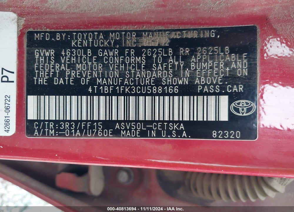 2012 TOYOTA CAMRY SE VIN: 4T1BF1FK3CU588166