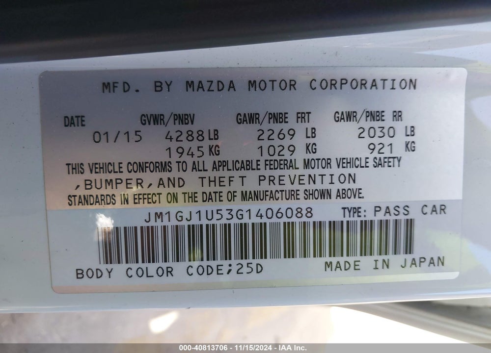 2016 MAZDA 6 I SPORT VIN: JM1GJ1U53G1406088