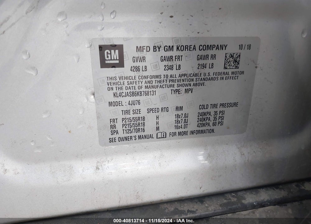 2019 BUICK ENCORE FWD PREFERRED VIN: KL4CJASB6KB768131