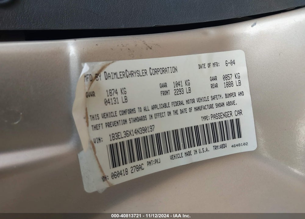 2004 DODGE STRATUS SE VIN: 1B3EL36X14N390197