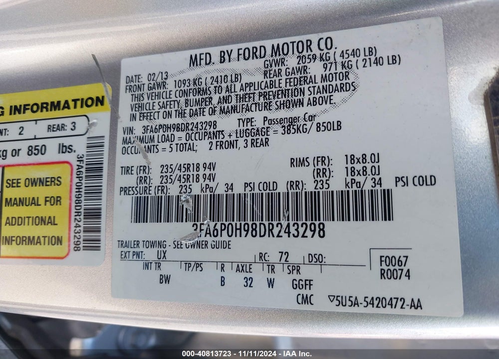 2013 FORD FUSION SE VIN: 3FA6P0H98DR243298