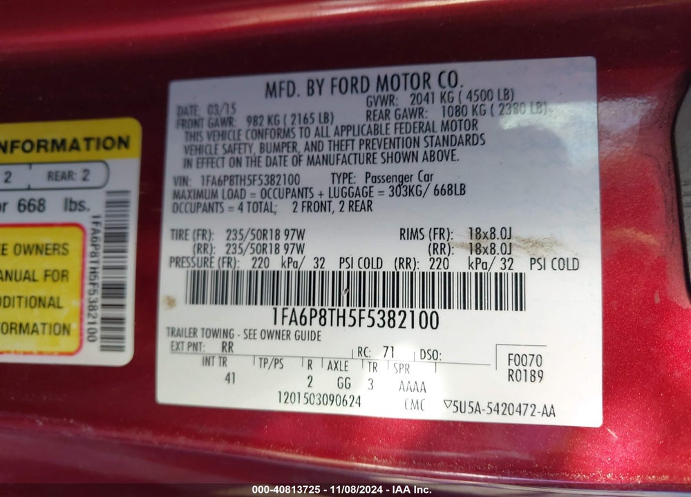 2015 FORD MUSTANG ECOBOOST VIN: 1FA6P8TH5F5382100