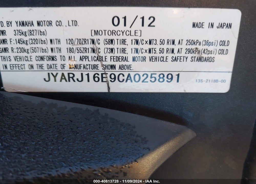 2012 YAMAHA YZFR6 VIN: JYARJ16E9CA025891