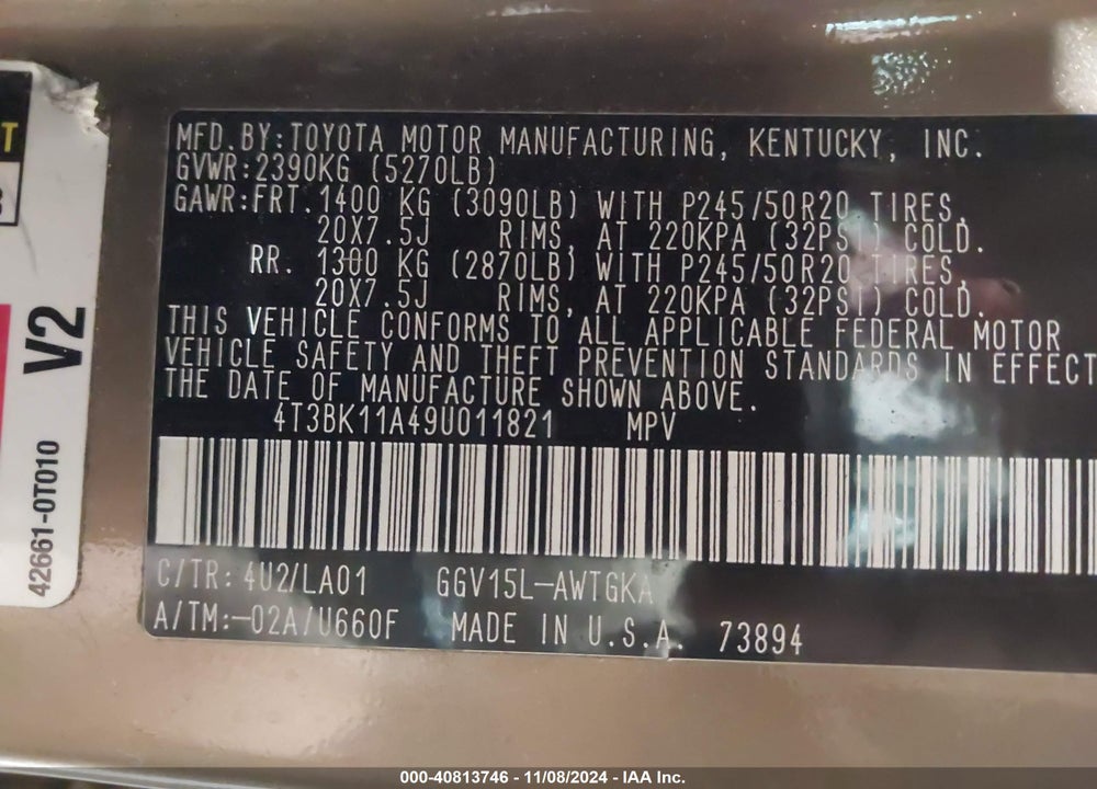 2009 TOYOTA VENZA VIN: 4T3BK11A49U011821