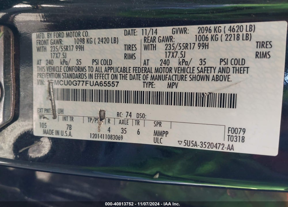 2015 FORD ESCAPE SE VIN: 1FMCU0G77FUA65557