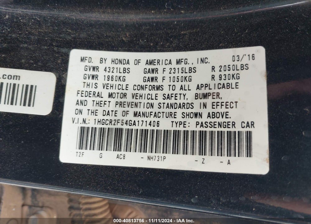 2016 HONDA ACCORD SPORT VIN: 1HGCR2F54GA171406