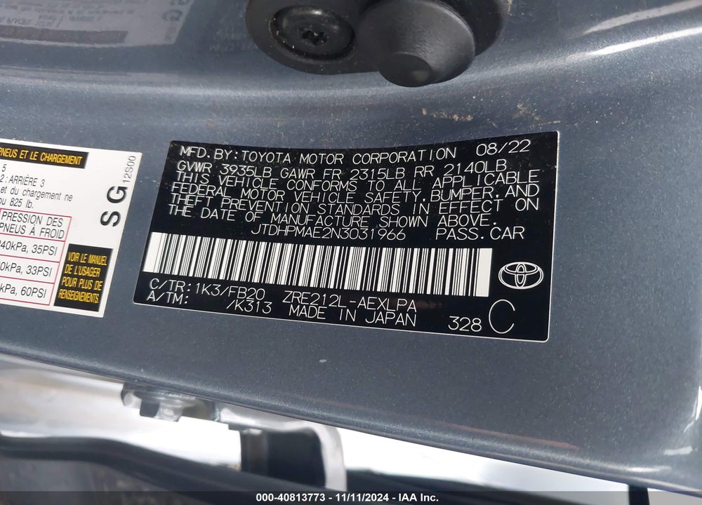 2022 TOYOTA COROLLA VIN: JTDHPMAE2N3031966