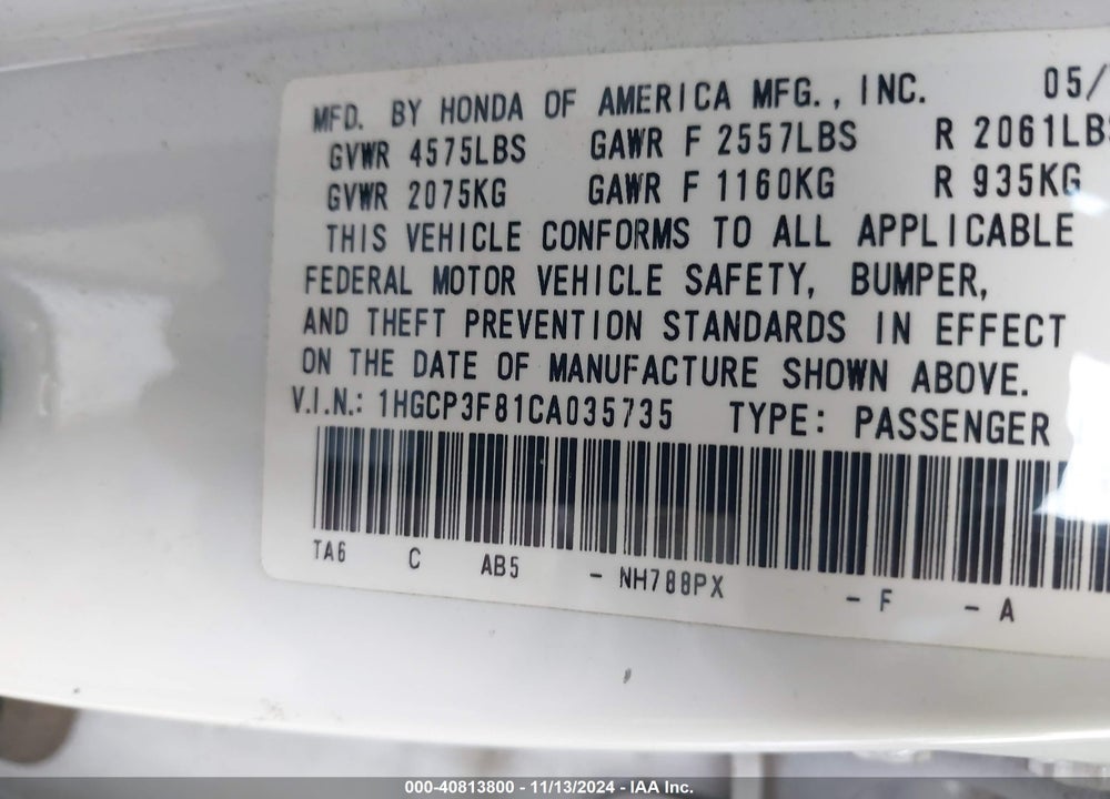 2012 HONDA ACCORD 3.5 EX-L VIN: 1HGCP3F81CA035735