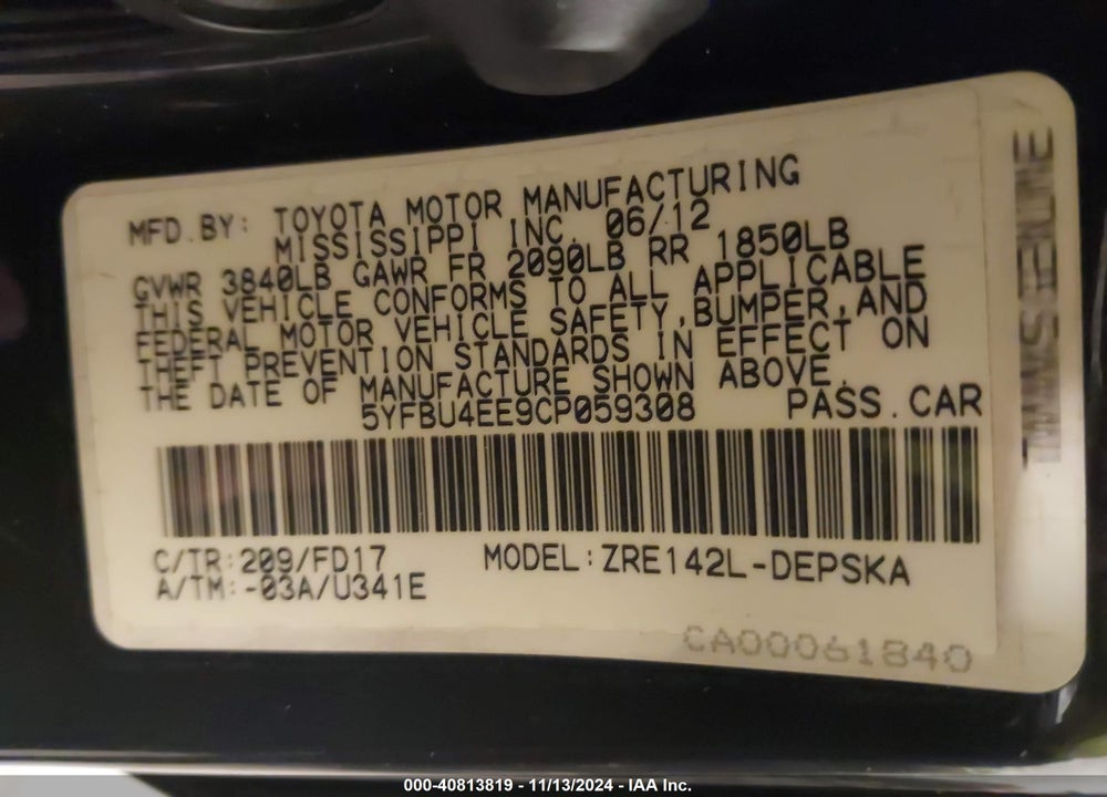 2012 TOYOTA COROLLA S VIN: 5YFBU4EE9CP059308