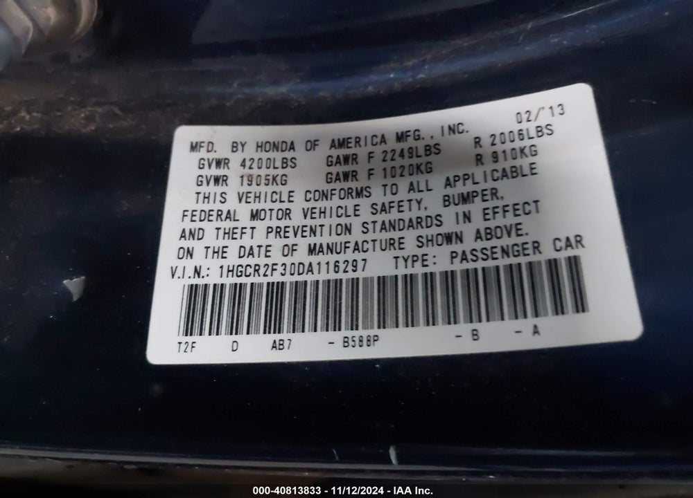 2013 HONDA ACCORD LX VIN: 1HGCR2F30DA116297