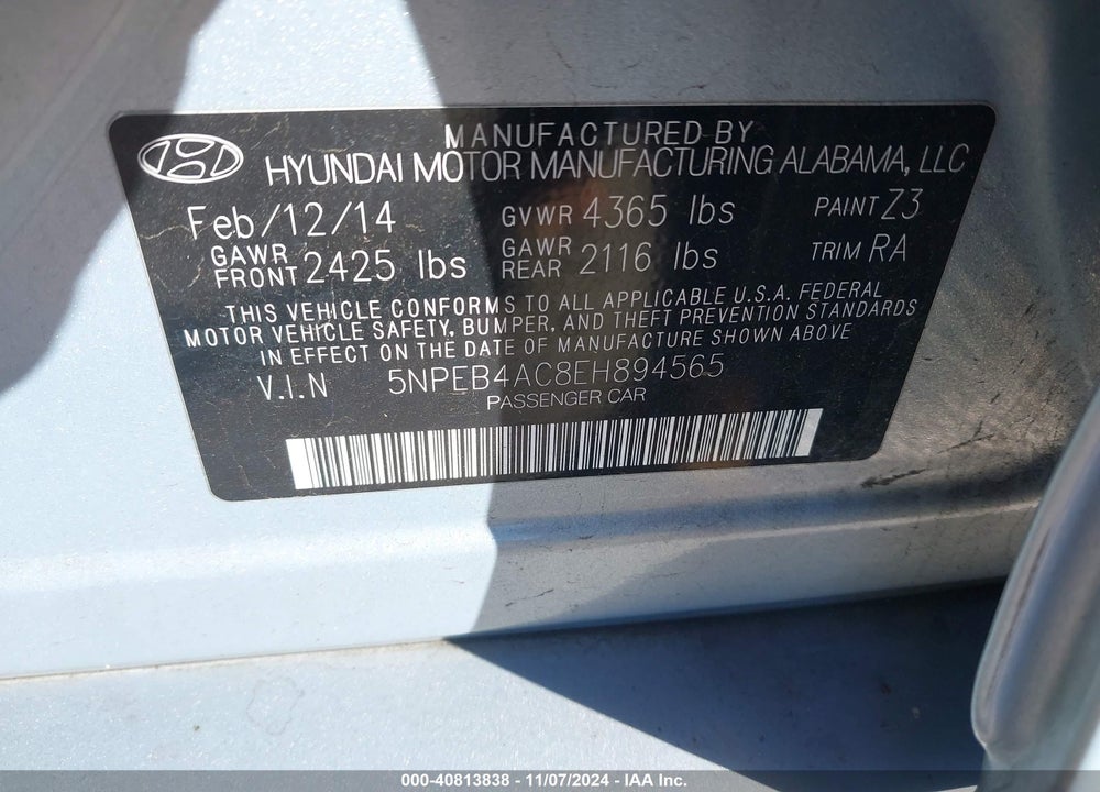 2014 HYUNDAI SONATA GLS VIN: 5NPEB4AC8EH894565