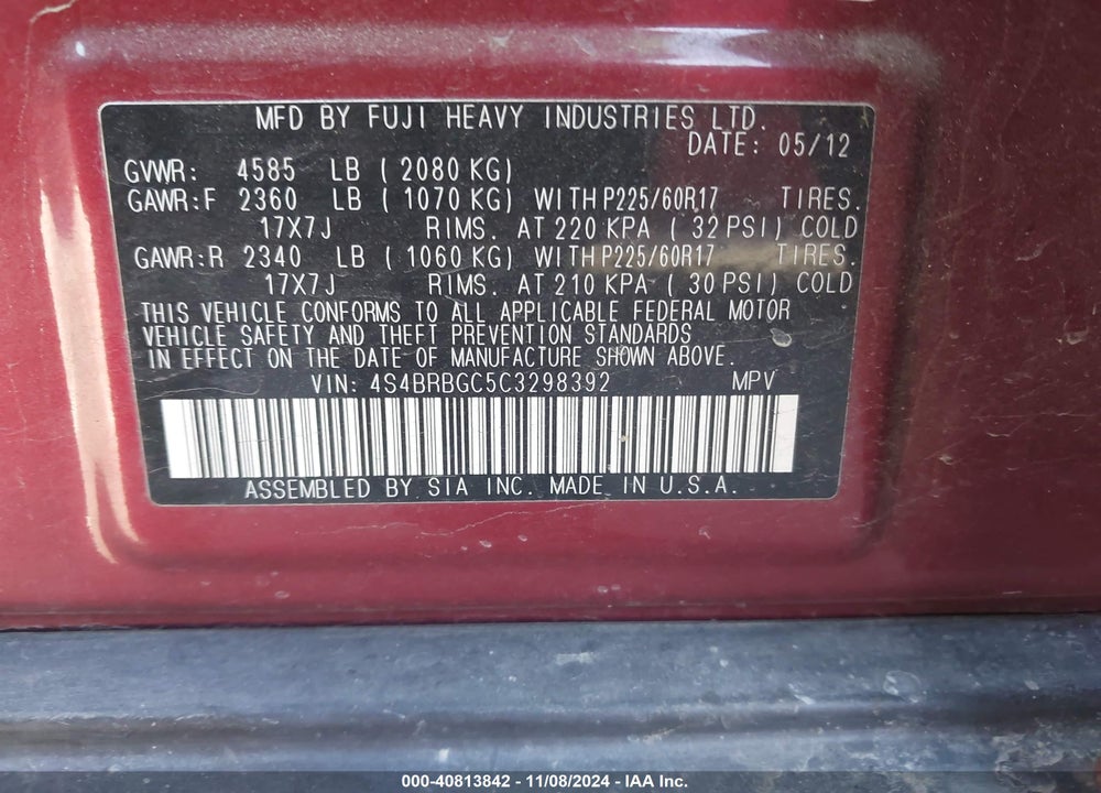 2012 SUBARU OUTBACK 2.5I PREMIUM VIN: 4S4BRBGC5C3298392