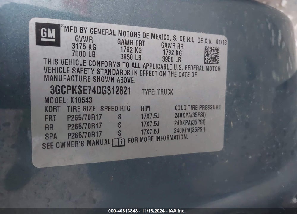 2013 CHEVROLET SILVERADO 1500 LT VIN: 3GCPKSE74DG312821