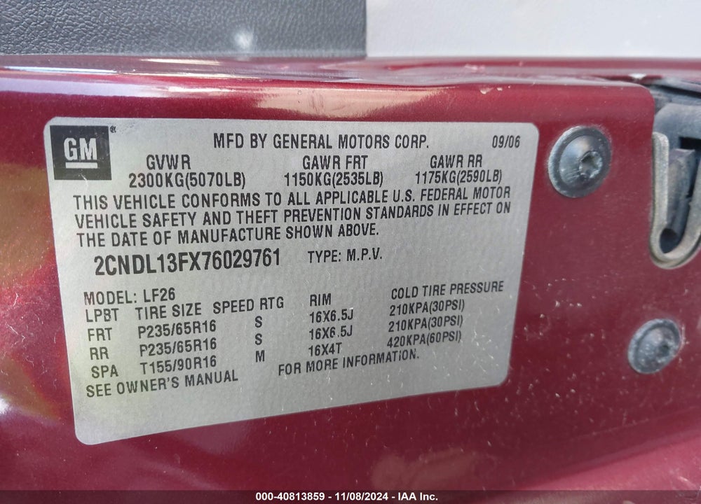 2007 CHEVROLET EQUINOX LS VIN: 2CNDL13FX76029761
