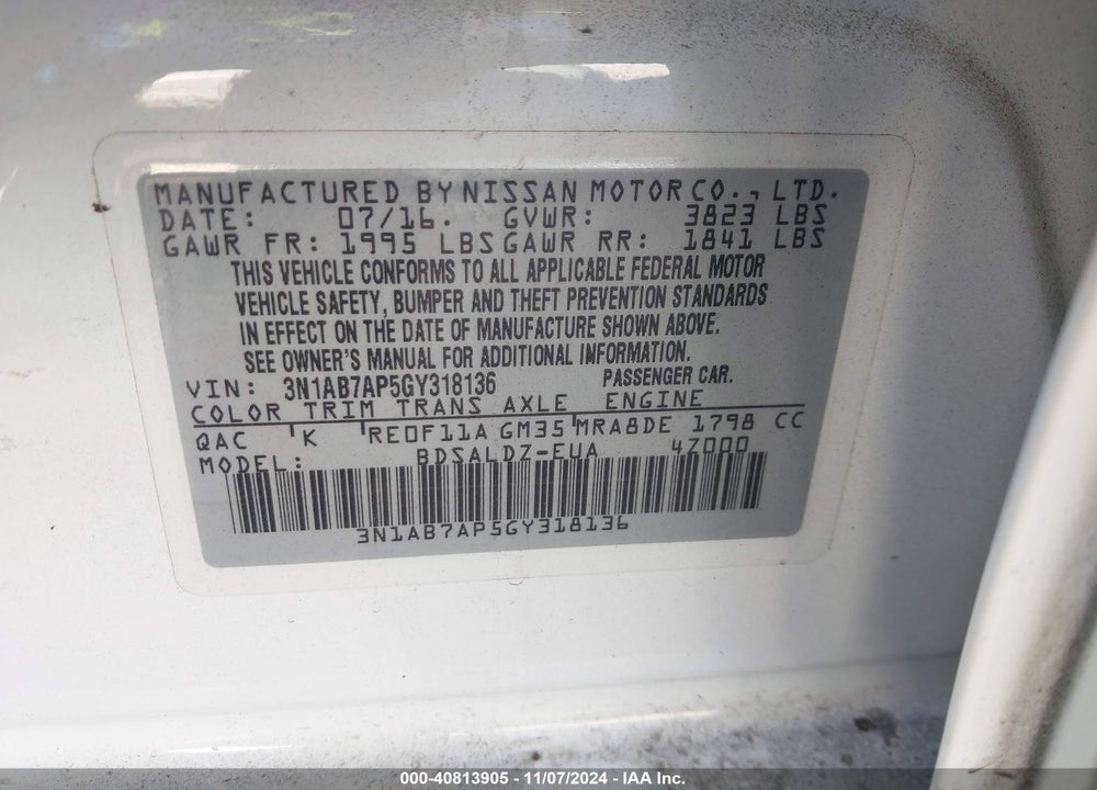2016 NISSAN SENTRA SV VIN: 3N1AB7AP5GY318136