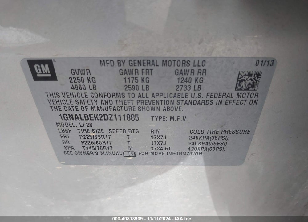 2013 CHEVROLET EQUINOX VIN: 1GNALBEK2DZ111885