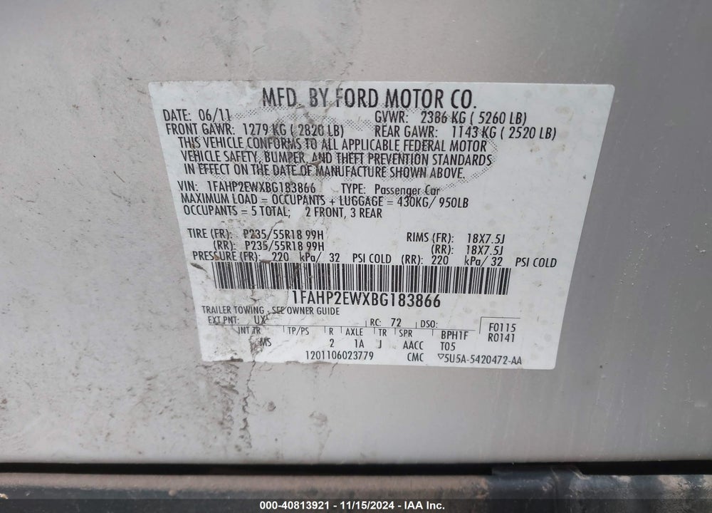 2011 FORD TAURUS SEL VIN: 1FAHP2EWXBG183866