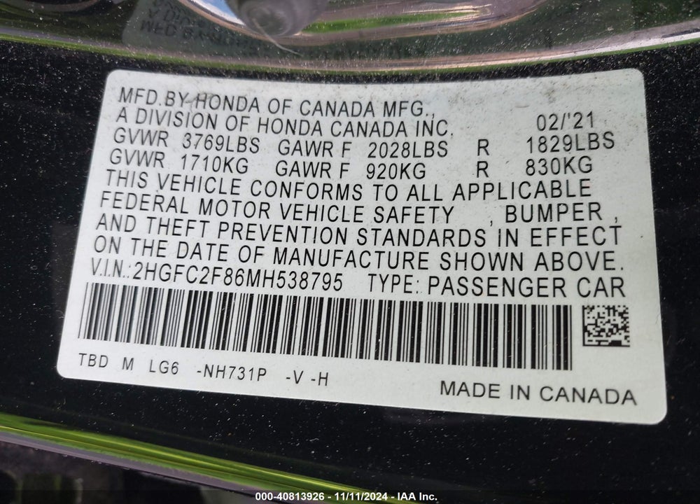 2021 HONDA CIVIC SPORT VIN: 2HGFC2F86MH538795
