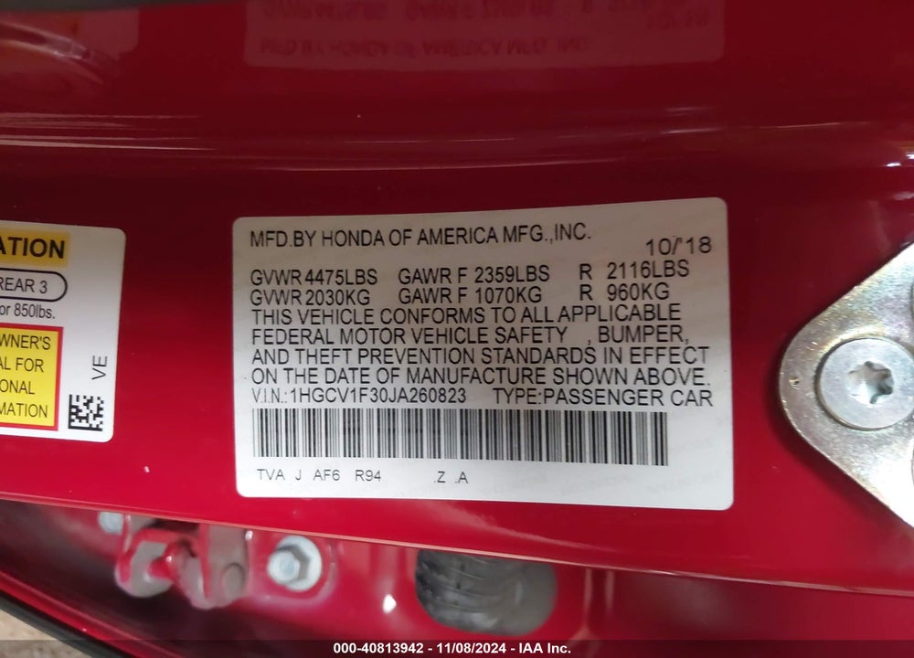 2018 HONDA ACCORD SPORT VIN: 1HGCV1F30JA260823