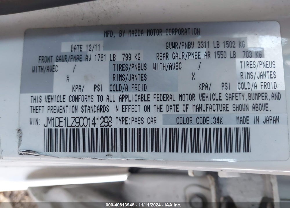 2012 MAZDA 2 TOURING VIN: JM1DE1LZ9C0141298