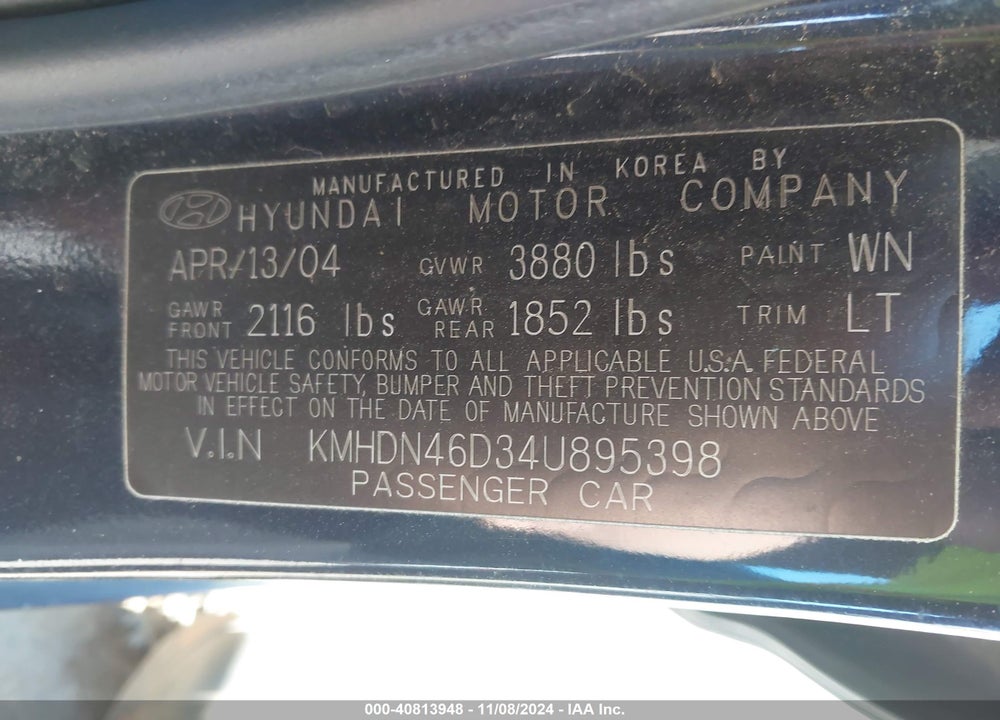 2004 HYUNDAI ELANTRA GLS/GT VIN: KMHDN46D34U895398