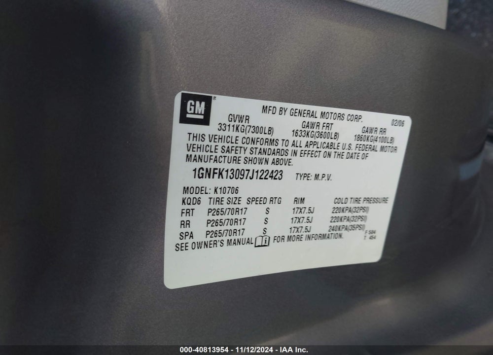 2007 CHEVROLET TAHOE LT VIN: 1GNFK13097J122423