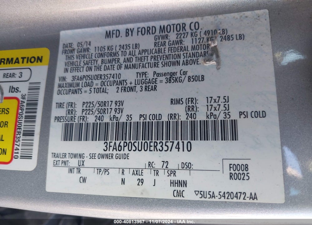 2014 FORD FUSION ENERGI TITANIUM VIN: 3FA6P0SU0ER357410