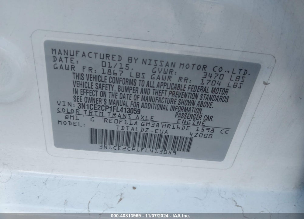 2015 NISSAN VERSA NOTE S (SR)/S PLUS/SL/SR/SV VIN: 3N1CE2CP1FL413059