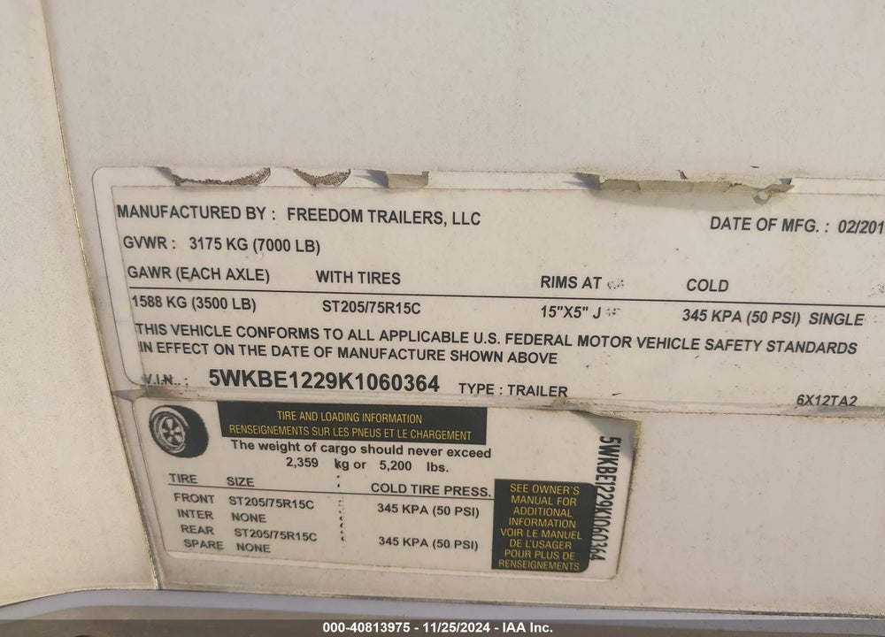 2019 FREEDOM CARGO TRAILER 6X12 VIN: 5WKBE1229K1060364