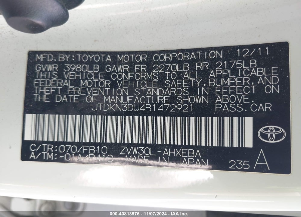 2011 TOYOTA PRIUS TWO VIN: JTDKN3DU4B1472921