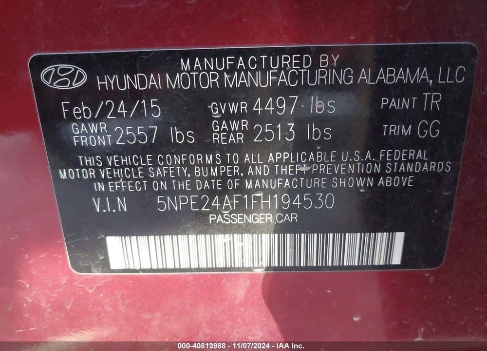 2015 HYUNDAI SONATA SE VIN: 5NPE24AF1FH194530