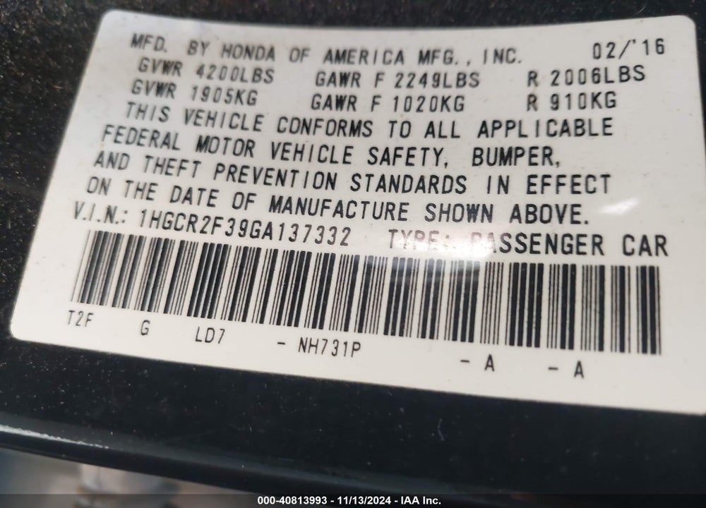 2016 HONDA ACCORD VIN: 1HGCR2F39GA137332