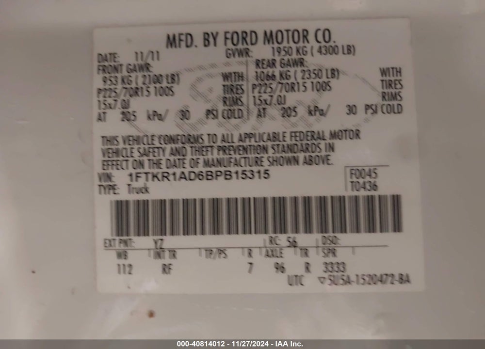 2011 FORD RANGER XL VIN: 1FTKR1AD6BPB15315