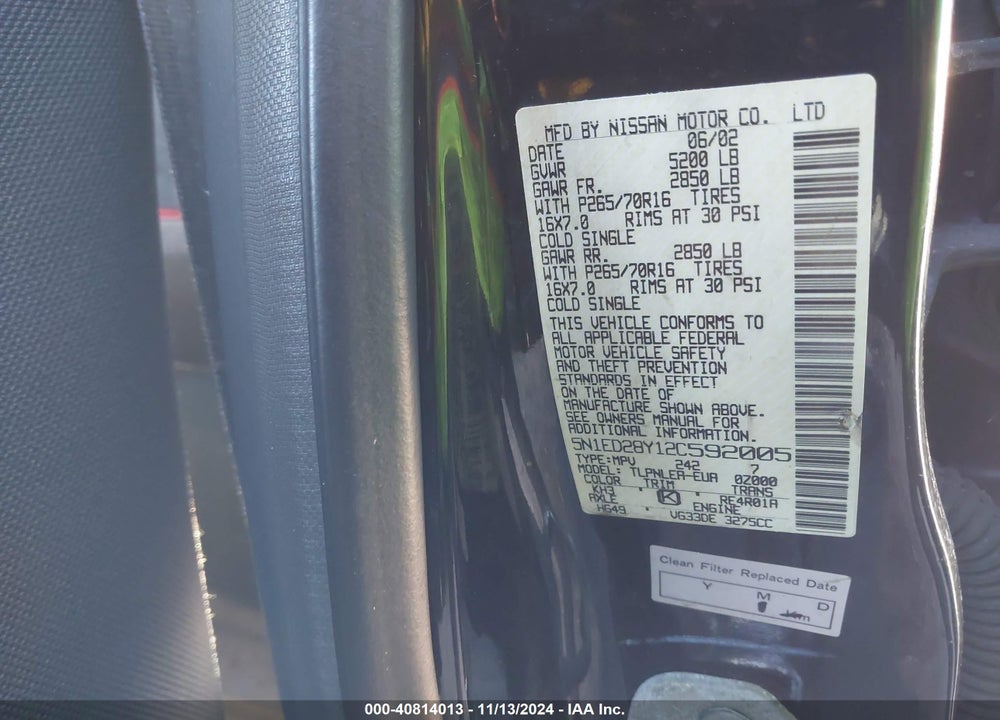 2002 NISSAN XTERRA XE VIN: 5N1ED28Y12C592005