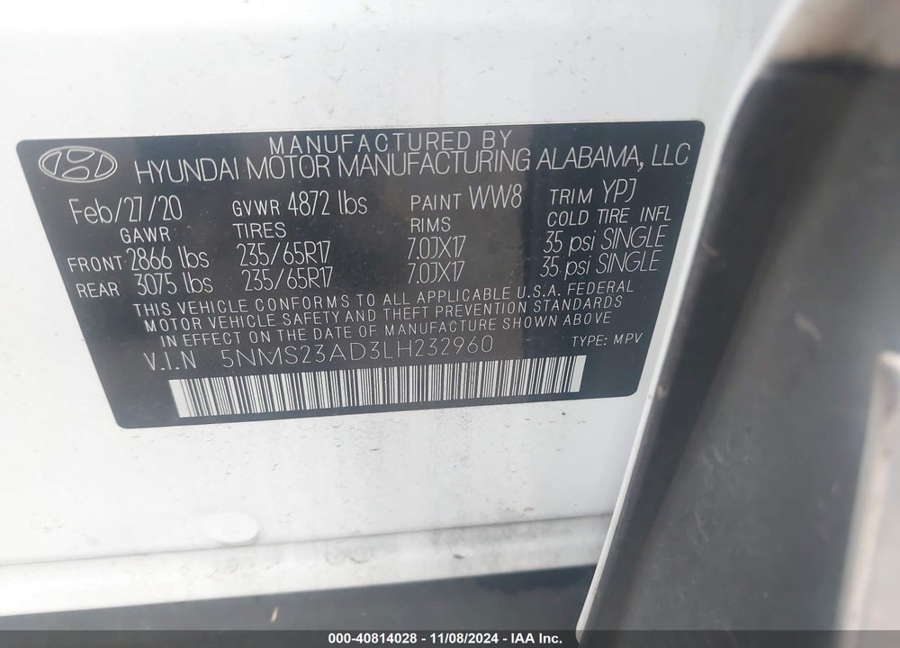 2020 HYUNDAI SANTA FE SE VIN: 5NMS23AD3LH232960