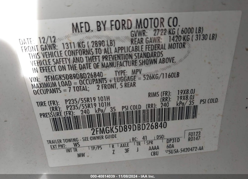 2013 FORD FLEX LIMITED VIN: 2FMGK5D89DBD26840