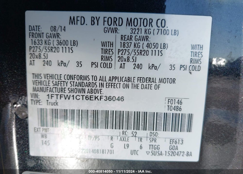 2014 FORD F-150 LARIAT VIN: 1FTFW1CT6EKF36046
