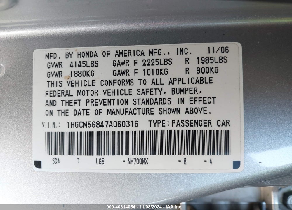 2007 HONDA ACCORD 2.4 EX VIN: 1HGCM56847A060316