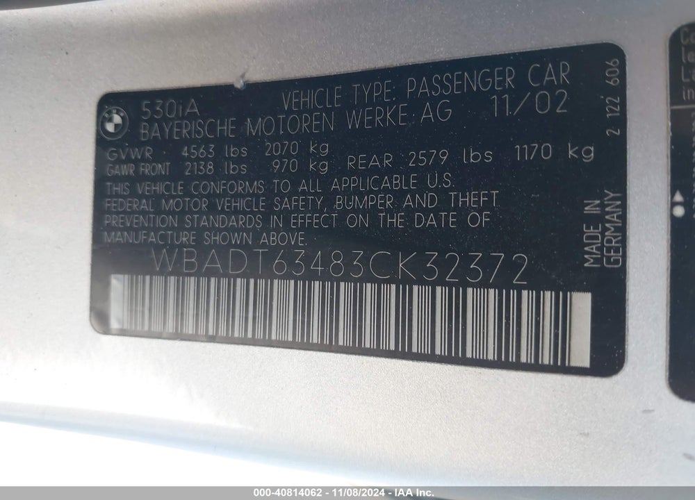 2003 BMW 530IA VIN: WBADT63483CK32372