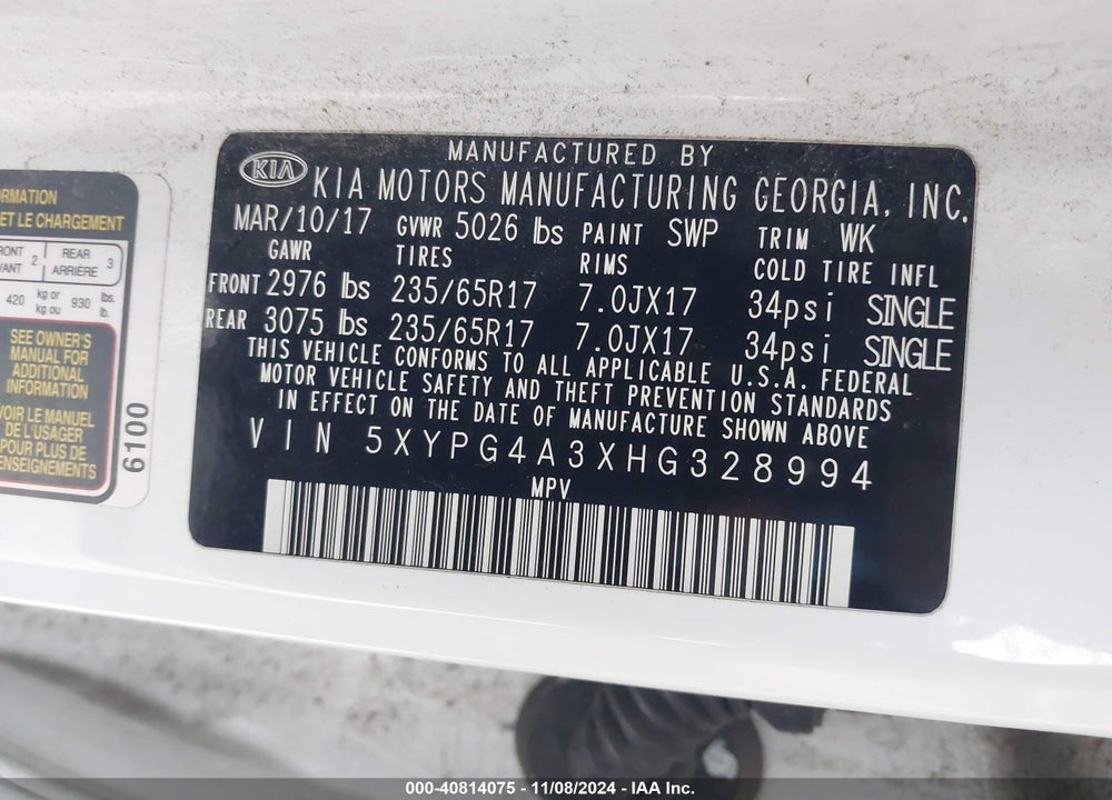 2017 KIA SORENTO 2.4L LX VIN: 5XYPG4A3XHG328994