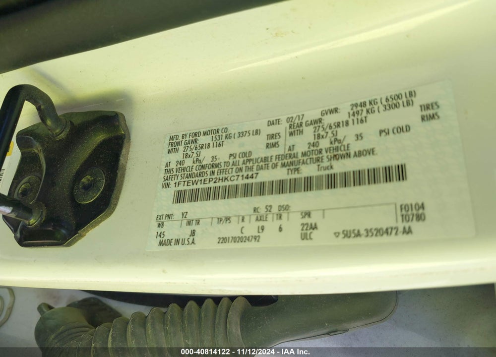 2017 FORD F-150 XLT VIN: 1FTEW1EP2HKC71447