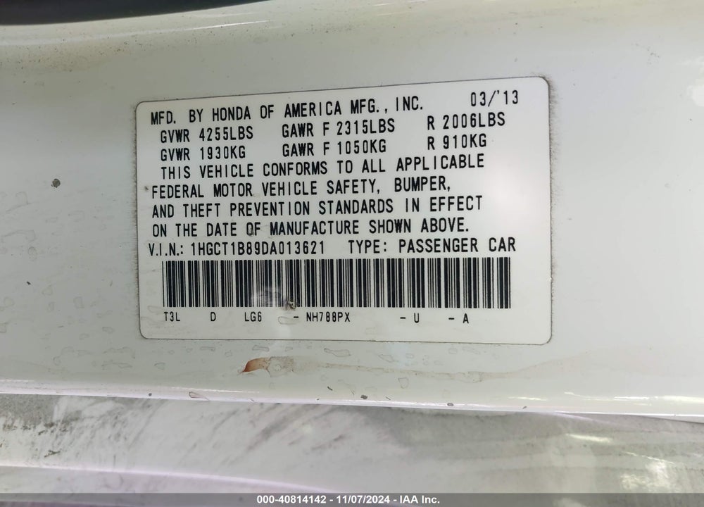 2013 HONDA ACCORD EX-L VIN: 1HGCT1B89DA013621