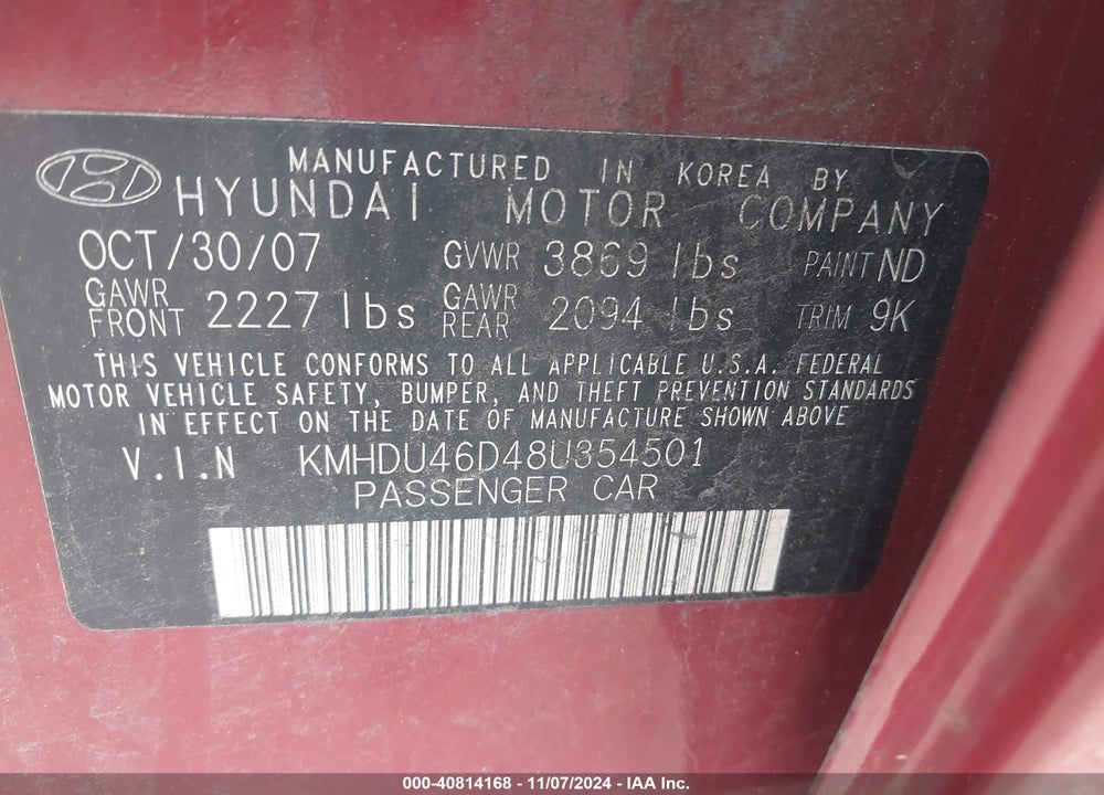 2008 HYUNDAI ELANTRA VIN: KMHDU46D48U354501