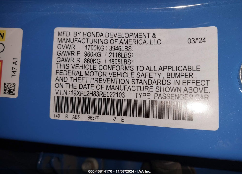 2024 HONDA CIVIC SPORT VIN: 19XFL2H83RE022103