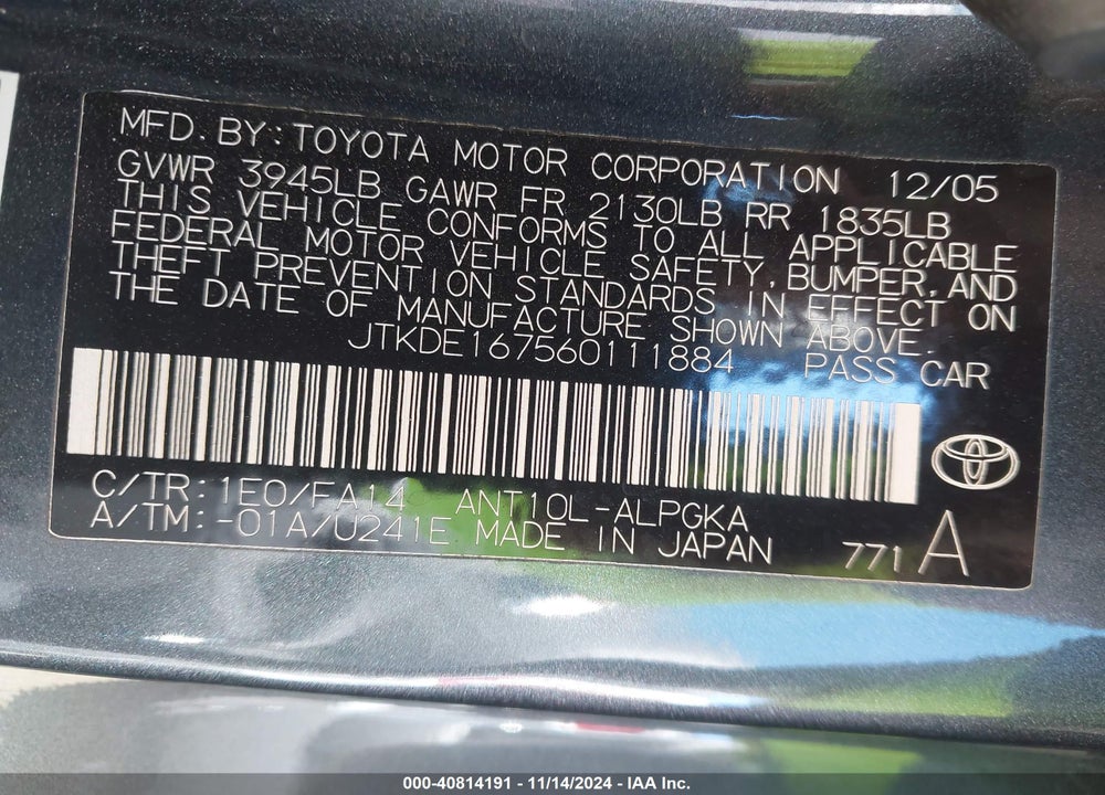 2006 SCION TC VIN: JTKDE167560111884